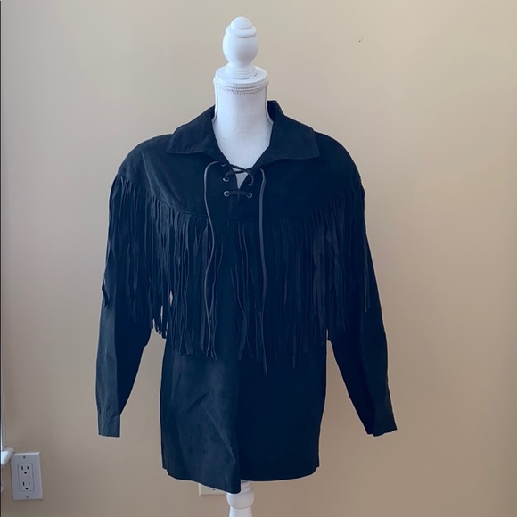 Vintage Genuine Leather Suede Fringe Lace Up Top - Picture 1 of 6